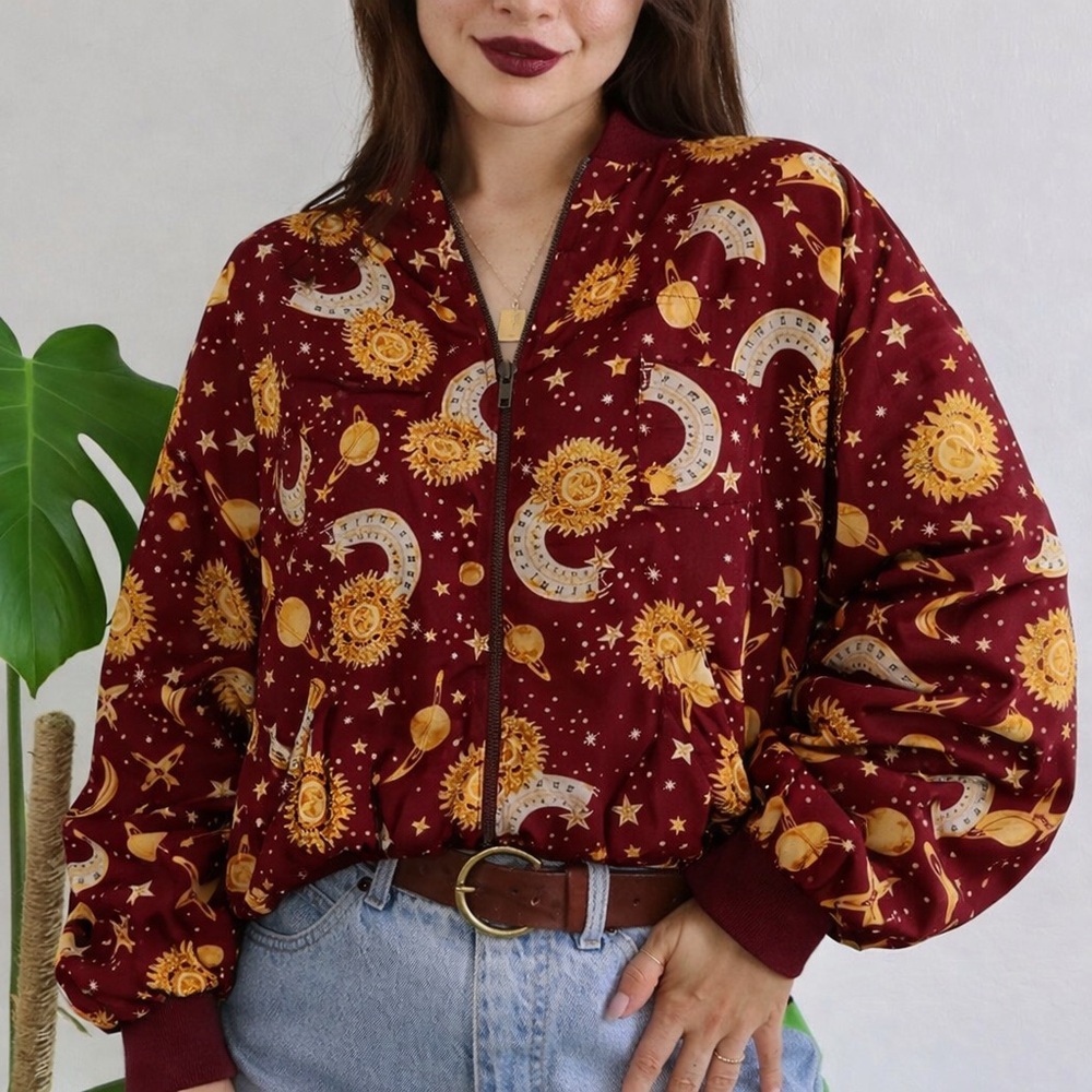 Vintage 90s Lavon Deep Red and Yellow Cosmic Sun & Moon Zip Silk Bomber Jacket